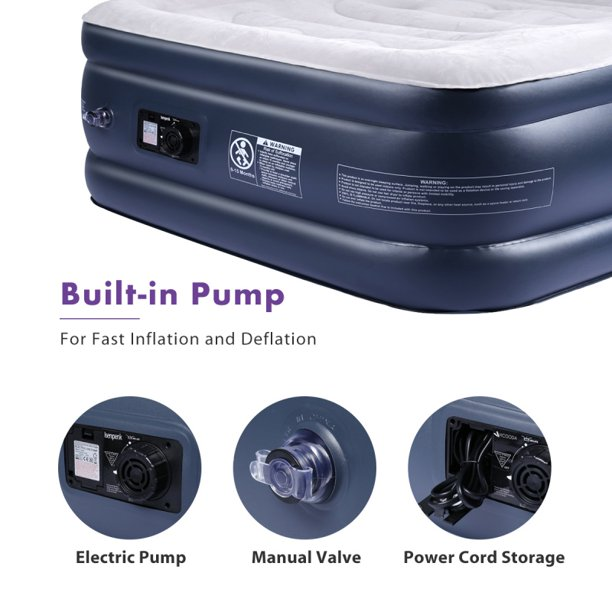 inflated air bed with 3 images showing different sources for air pump