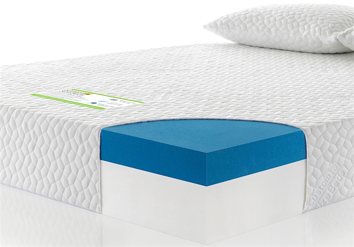 blue foam mattress with white sheets