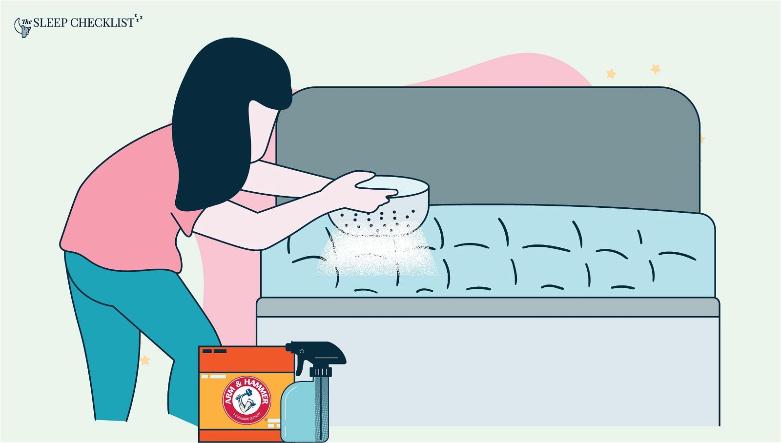 woman sprinkling baking soda on mattress